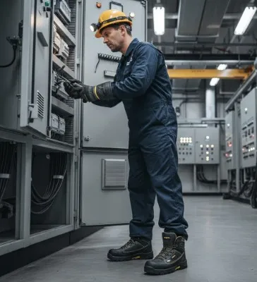 Técnico operando un tablero eléctrico con calzado aislante ¿Qué es una bota dieléctrica y cuándo es obligatoria?